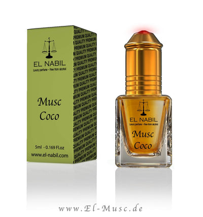 Musc Coco 5ml Parfüm - El-Nabil in einer eleganten Parfümflasche mit Verpackung.