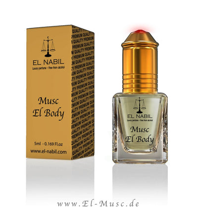 Musc El Body 5ml Parfüm - El-Nabil in elegantem Flakon mit goldener Verpackung.