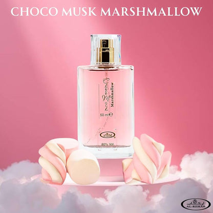 Choco Musk Marshmallow 50ml Eau de Parfum Spray - Al Rehab mit süßem Marshmallow-Hintergrund.