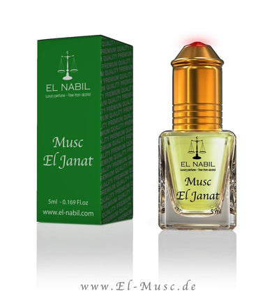 Musc El Janat 5ml Parfüm - El-Nabil in eleganter Flasche mit Verpackung, duftend nach Blumen und Pflanzen.