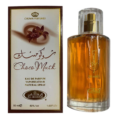 Choco Musk 50ml Eau de Parfum Spray - Al Rehab in einer eleganten Flasche mit goldenen Akzenten.