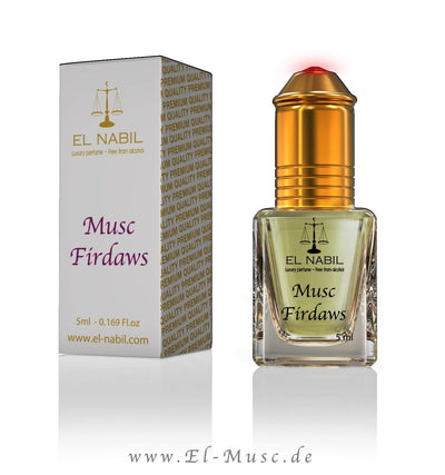 Musc Firdaws 5ml Parfüm - El-Nabil in eleganter Verpackung, luxuriöser Duft mit fruchtigen Noten.