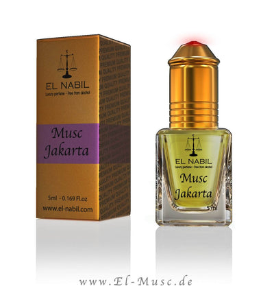 Musc Jakarta 5ml Parfüm - El-Nabil in an eleganten Flakon mit goldener Kappe und passender Verpackung.