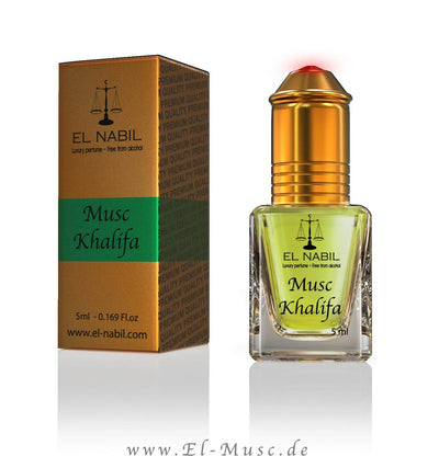 Musc Khalifa 5ml Parfüm - El-Nabil in Flacon mit Verpackung und goldener Kappe.
