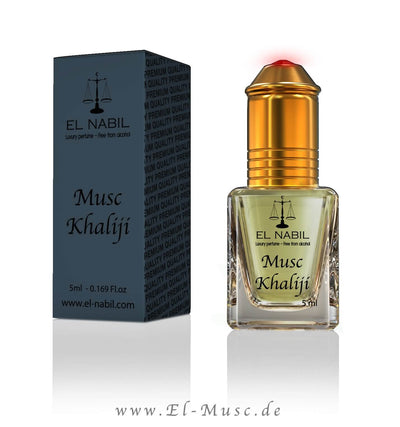 Musc Khaliji 5ml Parfüm - El-Nabil Flasche und Verpackung, frischer Moschus Duft mit blumigen Noten.