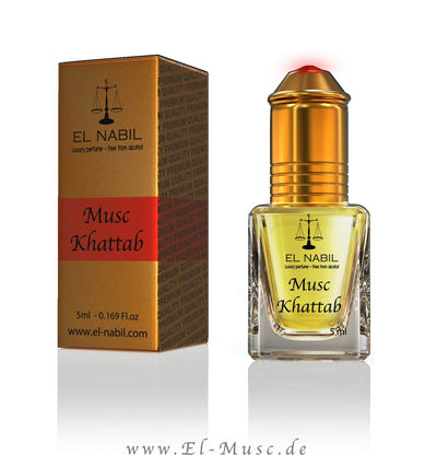 Musc Khattab 5ml Parfüm - El-Nabil in einer eleganten Flasche mit goldenem Verschluss und verpackt in einer hochwertigen Box.