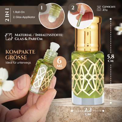Al Faris 6ml Parfümöl - Misk Musk in kompakter Flasche, ideal für unterwegs, mit Roll-On und Glas-Applikator.