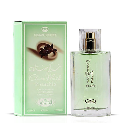 Choco Musk Pistachio 50ml Eau de Parfum Spray - Al Rehab in grüner Verpackung mit transparentem Flakon.