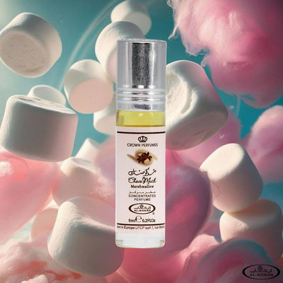 Choco Musk Marshmallow 6ml Parfümöl - Al Rehab Misk mit fluffigem Marshmallow und buntem Zuckerwattenhintergrund.