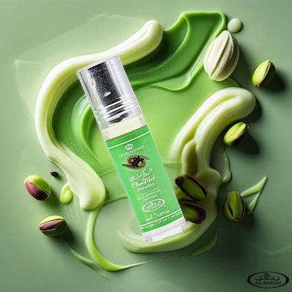 Choco Musk Pistachio 6ml Parfümöl - Al Rehab Misk auf cremigem Hintergrund mit Pistazien.