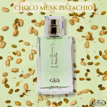 Choco Musk Pistachio 50ml Eau de Parfum Spray - Al Rehab in einer eleganten Flasche umgeben von Pistazien.