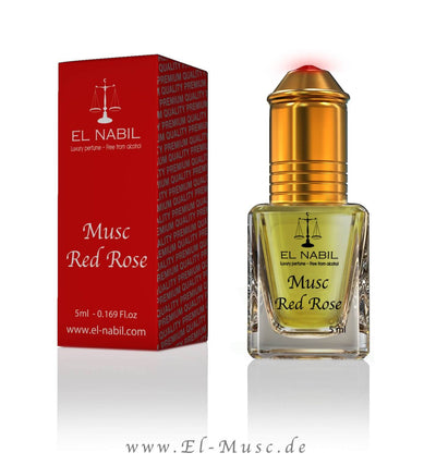 Musc Red Rose 5ml Parfüm - El-Nabil in einer eleganten Flasche mit rotem Karton.