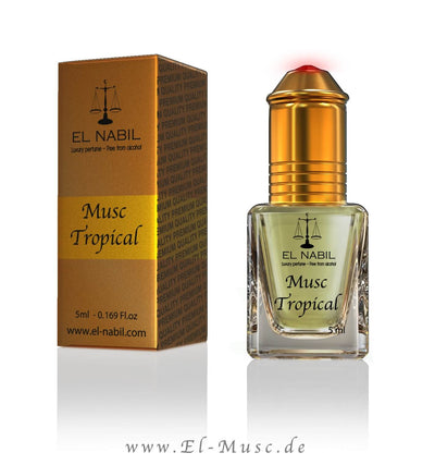 Musc Tropical 5ml Parfüm - El-Nabil Flakon mit Verpackung und rotem Deckel auf weißem Hintergrund.
