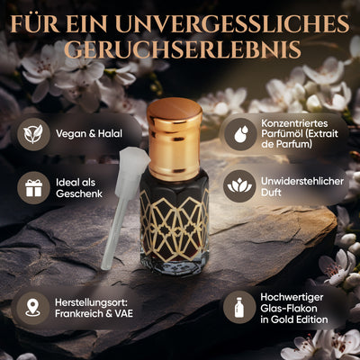 Schwarzer Moschus 6ml Parfümöl - Black Musk Misk in elegantem Glas-Flakon mit Details zu veganem Duft.