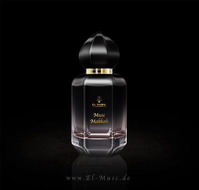 Musc Makkah 50ml Parfüm Spray - El-Nabil in eleganter Flasche auf schwarzem Hintergrund
