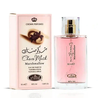 Choco Musk Marshmallow 50ml Eau de Parfum Spray - Al Rehab in transparent Flakon mit pinkem Inhalt und eleganter Verpackung.
