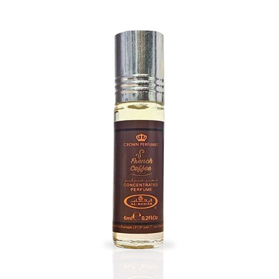 French Coffee 6ml Parfümöl - Al Rehab Misk in einem eleganten Flakon mit goldenem Etikett.