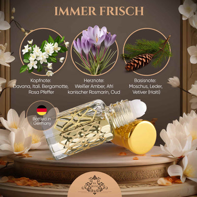 Parfümöl - Misk Musk Perfume Oil mit floralen und holzigen Noten, abgebildet auf einem eleganten Hintergrund.