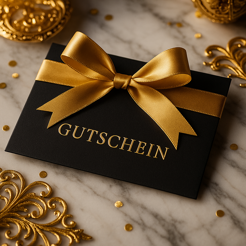 El-Musc Gutschein in elegantem Design mit goldener Schleife auf marmoriertem Hintergrund