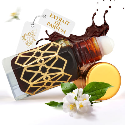 Schwarzer Moschus 6ml Parfümöl - Black Musk Misk in eleganter Flasche mit goldenen Akzenten und floralem Hintergrund.