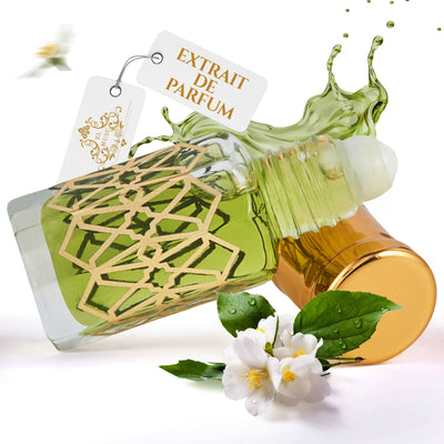 Al Faris 6ml Parfümöl - Misk Musk in eleganter Flasche mit blühendem Jasmin und goldener Kappe.