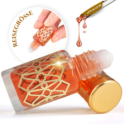 Lamsat Harir 6ml Parfümöl - Musk Misk in eleganter Flasche mit goldener Kappe und Applikator.